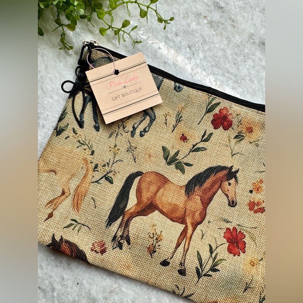 New Horses & Flowers Makeup Cosmetic Tech Pencil Zippered Bag w/ Bow Charm - 10” - Picture 6 of 8